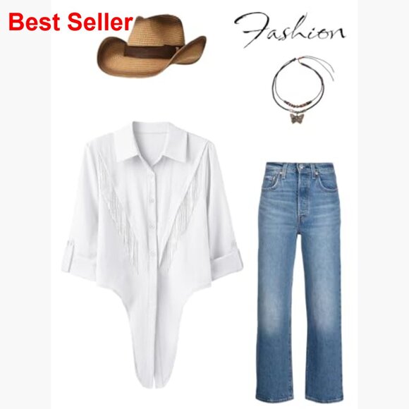 Sparkly Fringe Cropped Button Down Shirt with Rolled 3/4 Sleeves - Picture 3 of 7